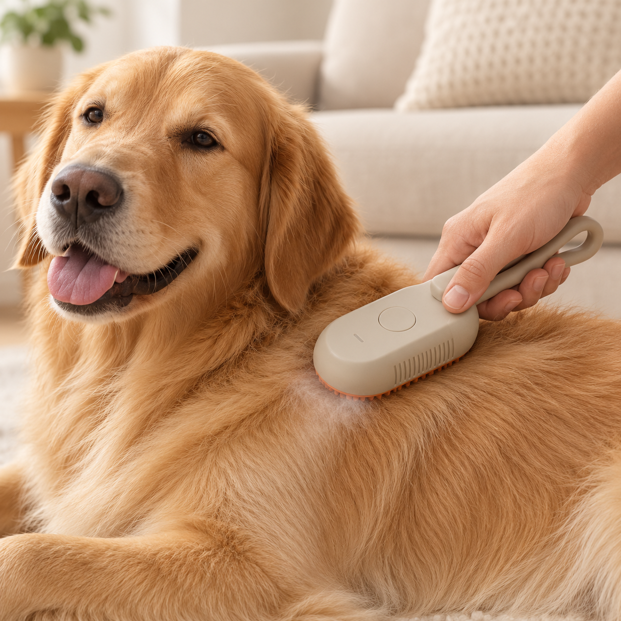 Using the PetSure USB mist grooming brush on a Golden Retriever
