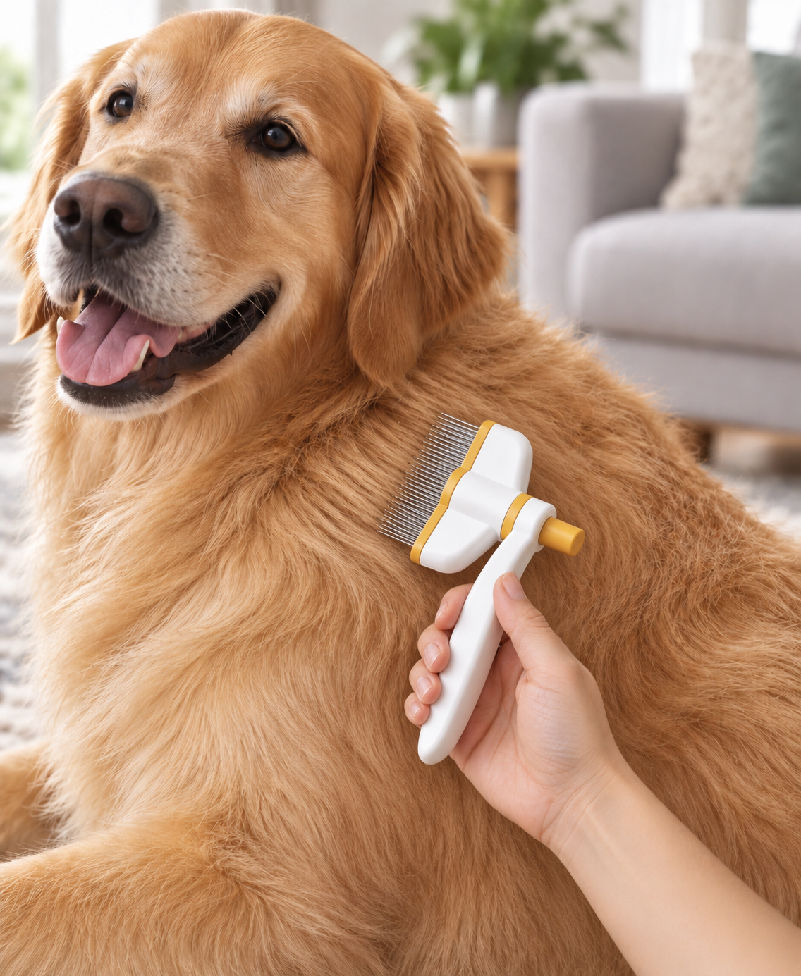Using the PetSure fine-tooth grooming comb on a Golden Retriever