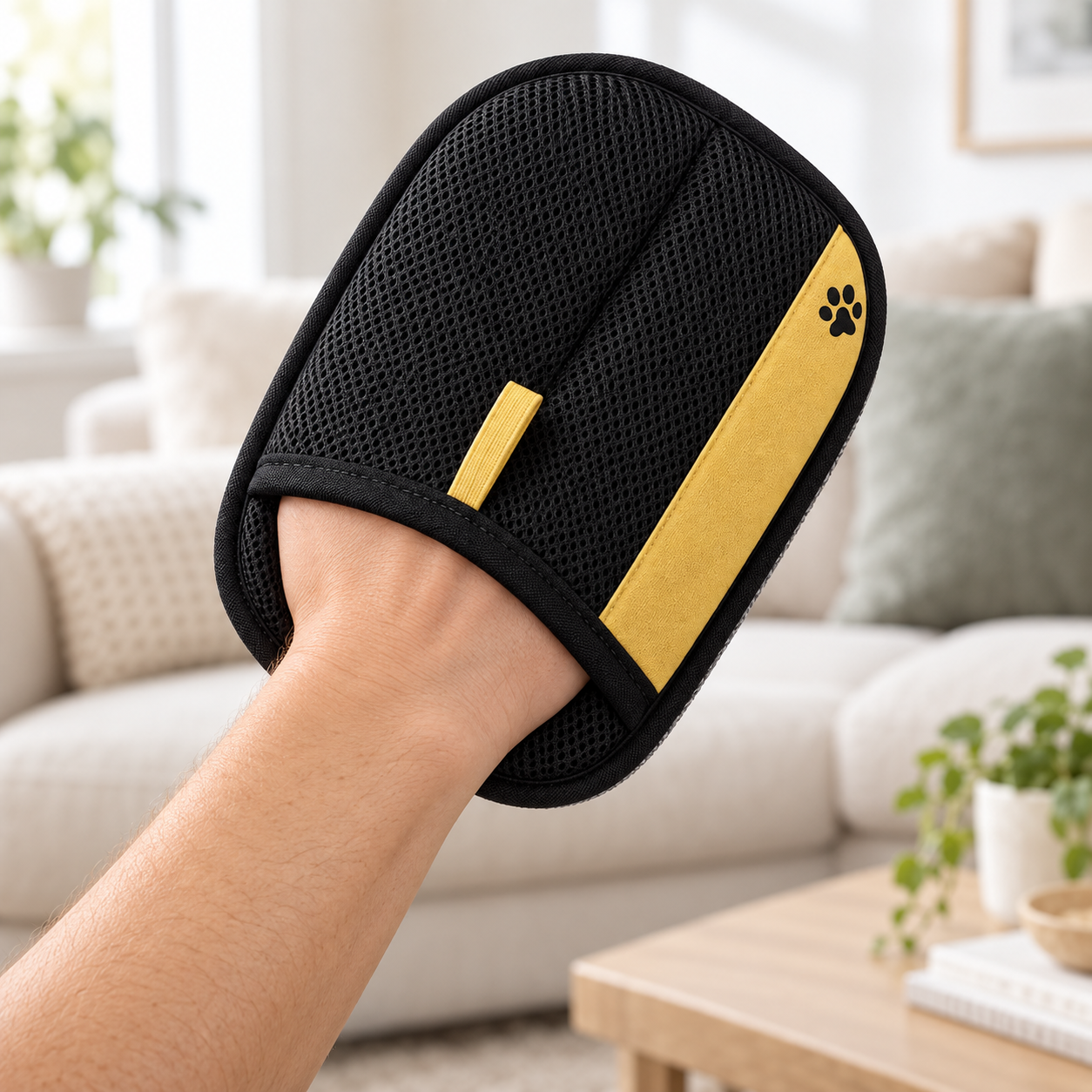 Putting on the PetSure grooming glove