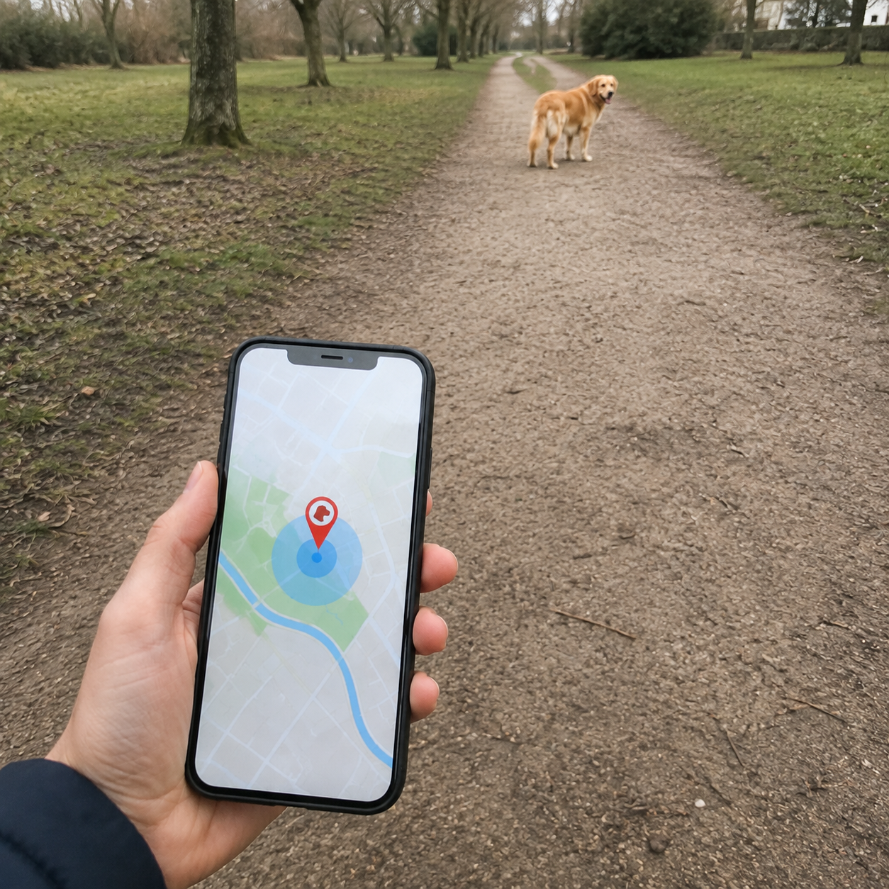 Pet owner checking their dog's live location on a phone