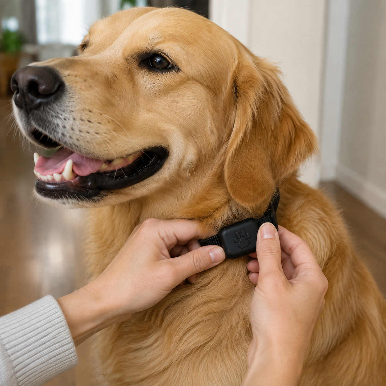PetSure tracker being clipped onto a golden retriever's collar