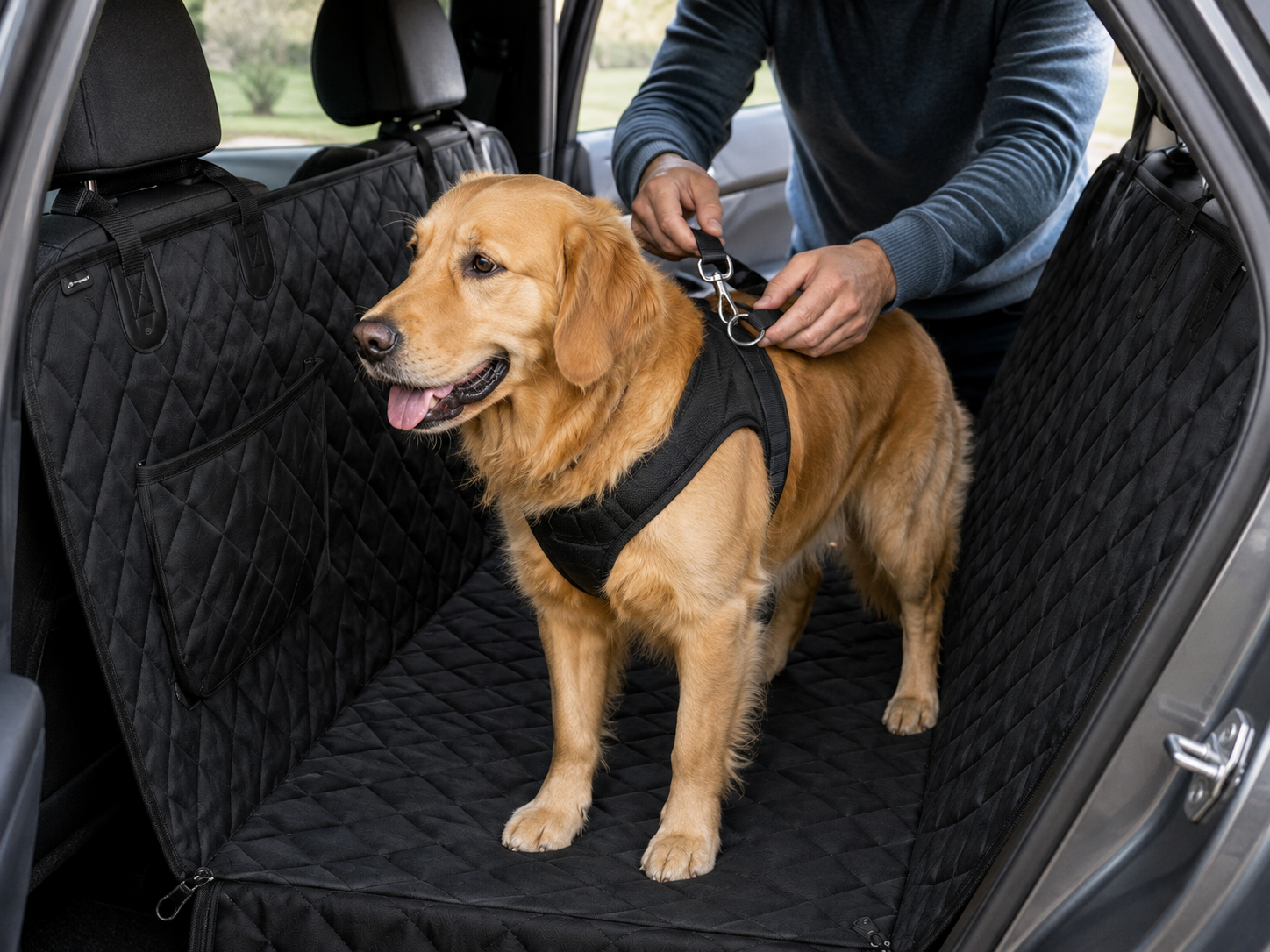Securing a dog with the RoadNest included pet seat belt