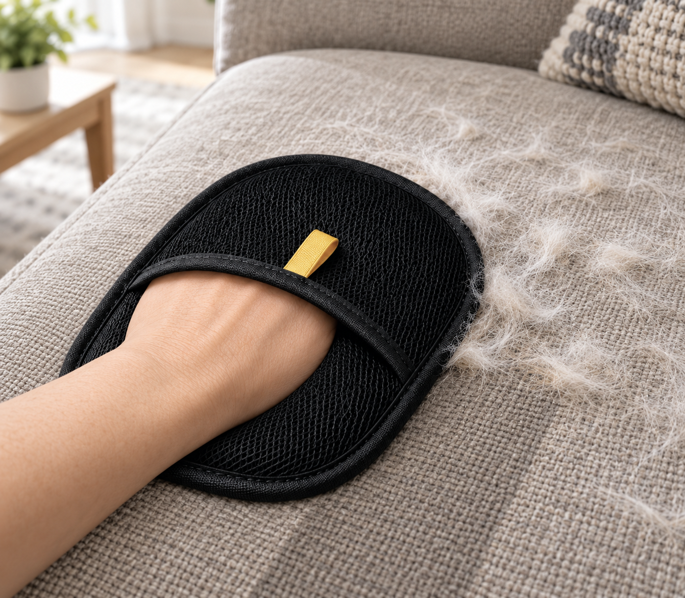 Using the PetSure grooming glove to collect loose fur from a sofa