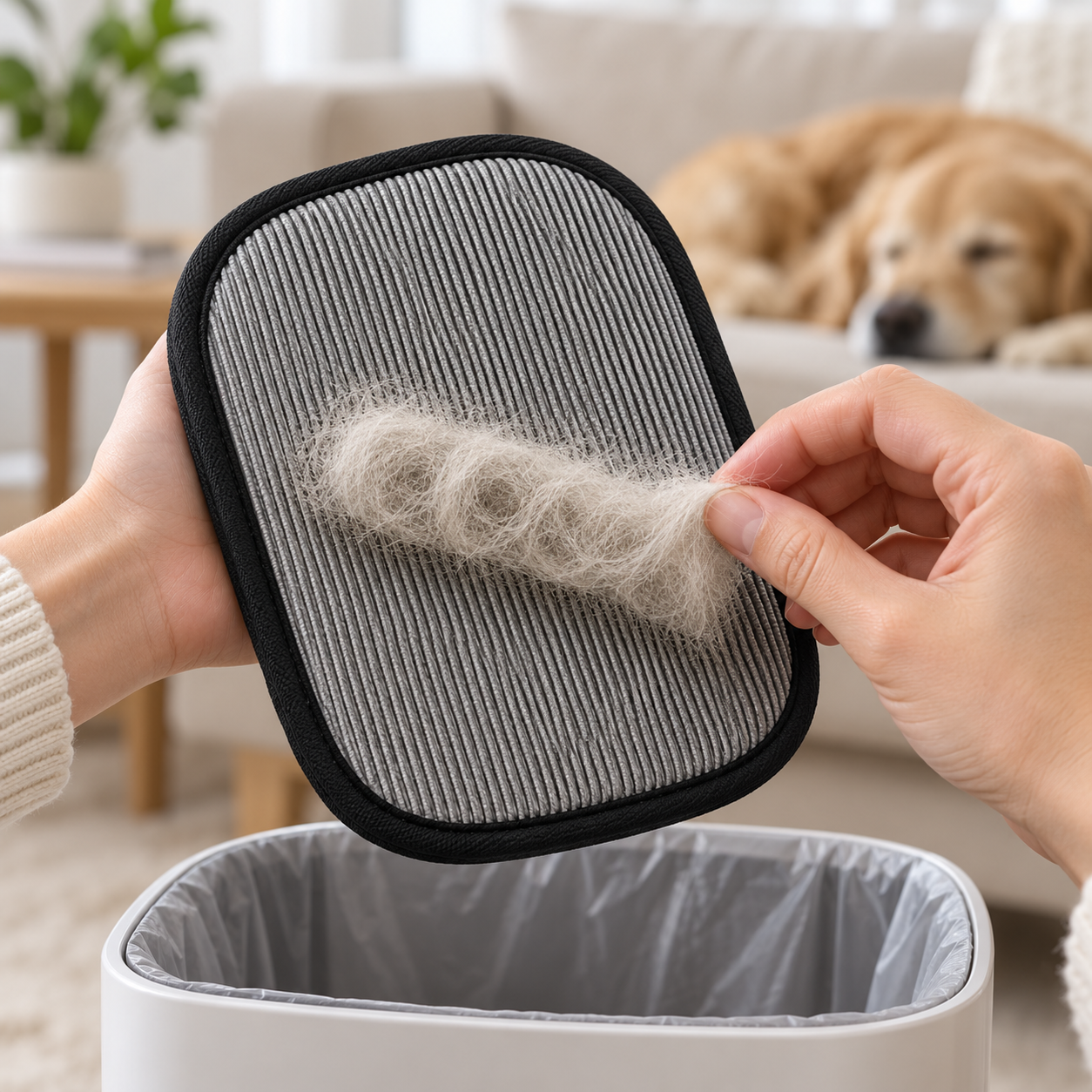 Peeling collected pet fur from the PetSure grooming glove for disposal