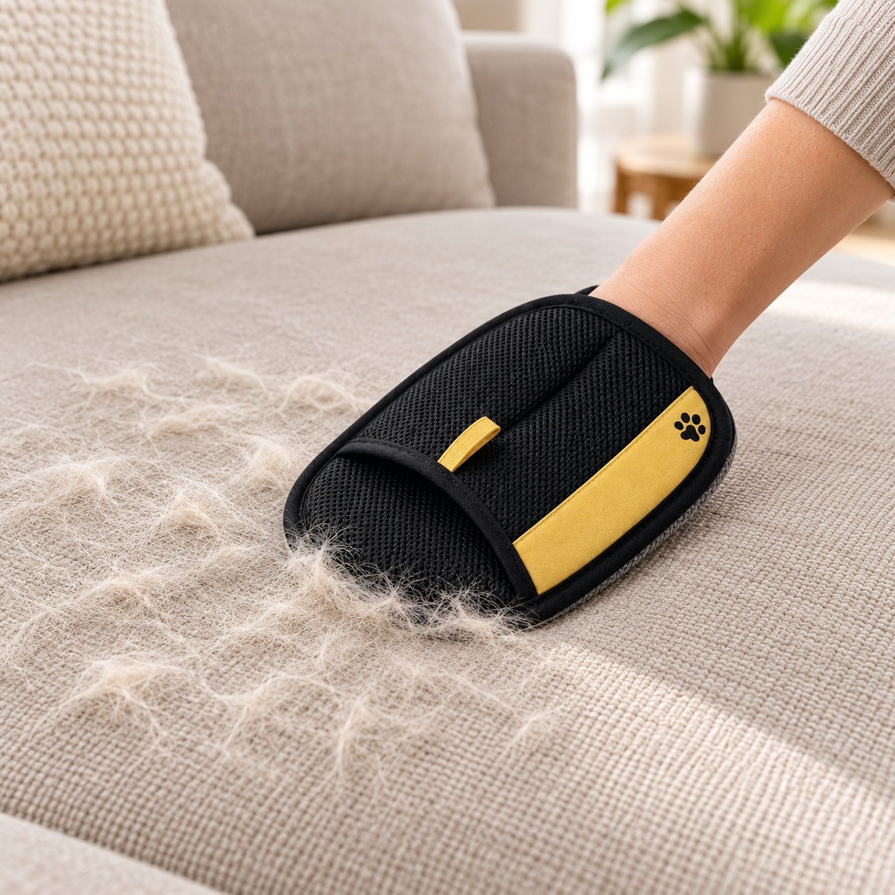 Using the PetSure grooming glove to gather loose fur from a sofa