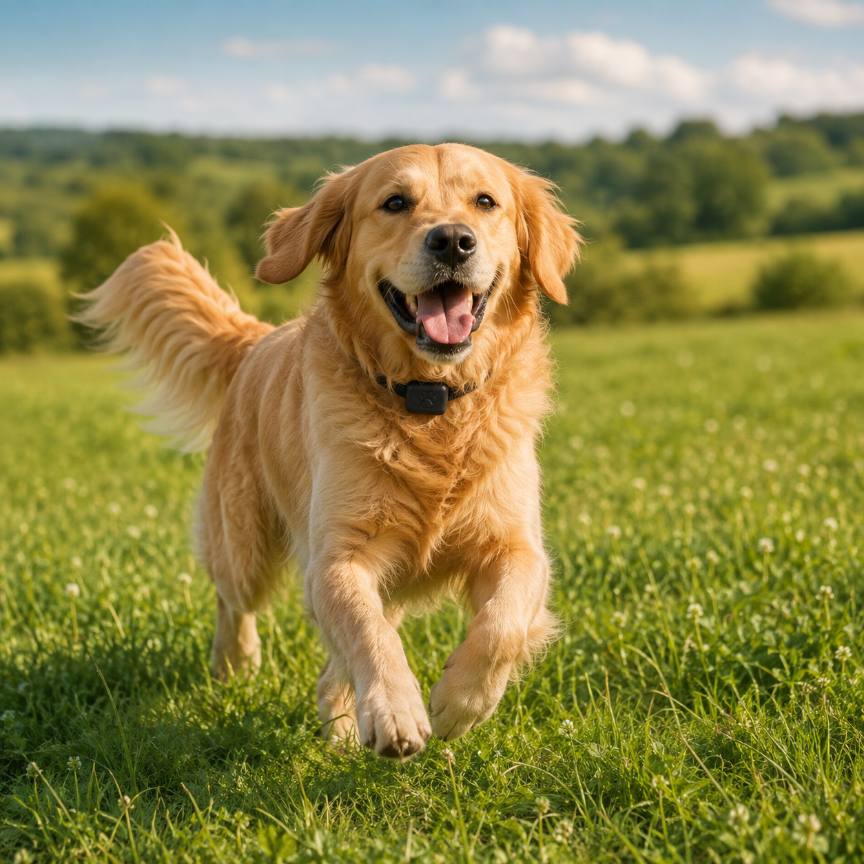 Golden Labrador running freely through a field wearing a PetSure tracker