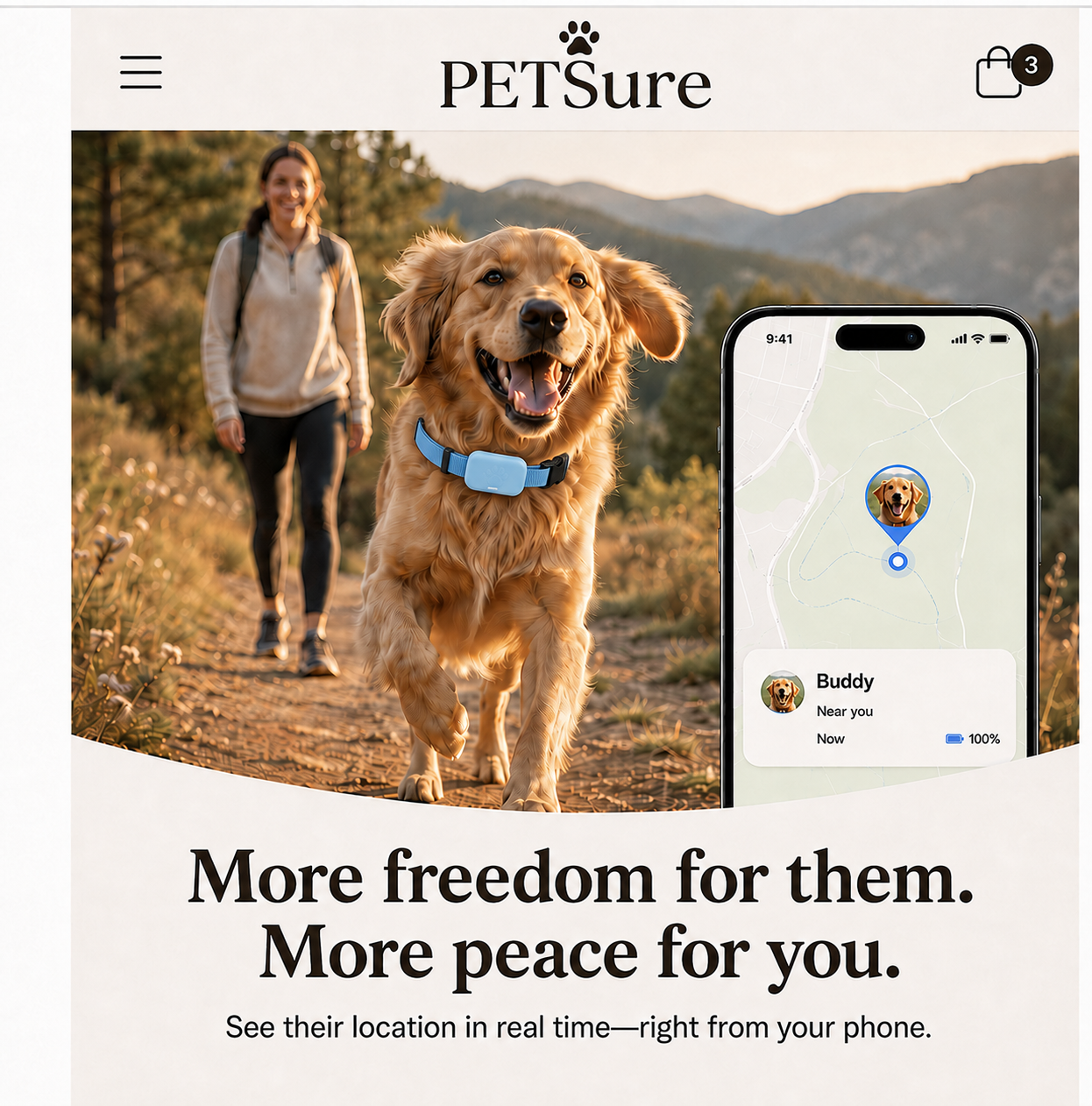 Golden retriever wearing a GPS tracker beside a phone showing its live location